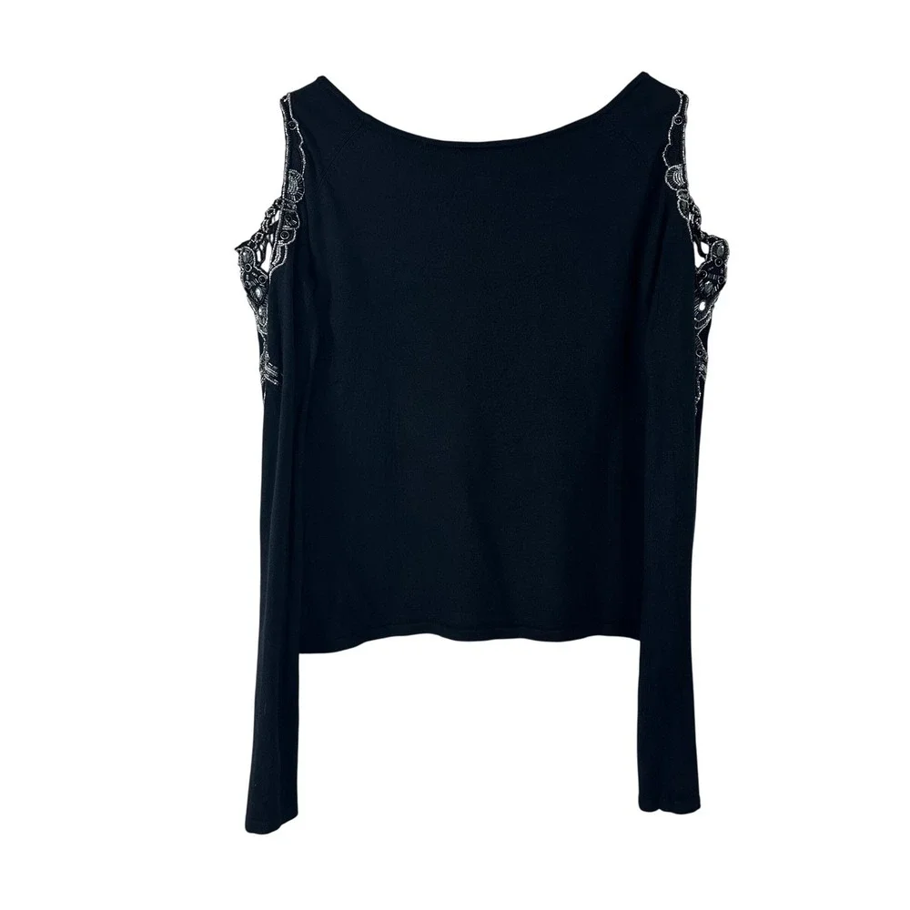 Cache Womens Silk Blend Cold Shoulder‎ Beaded Knit Top Black Size M Y2K